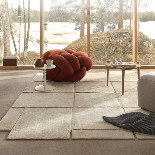 Modern minimalist living room featuring canvas rug asymmetrical area rug