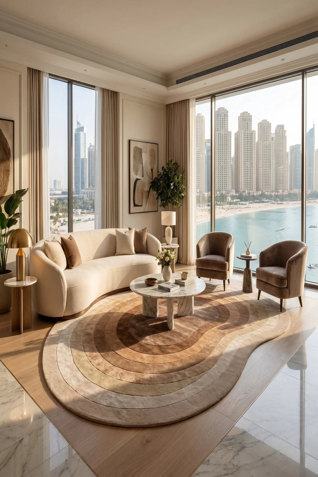Modern living room with a cityscape view through large windows.