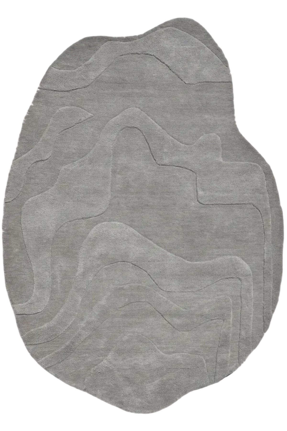 Light grey handmade rug with abstract design on a white background, branded 'KALEEN VIBE 