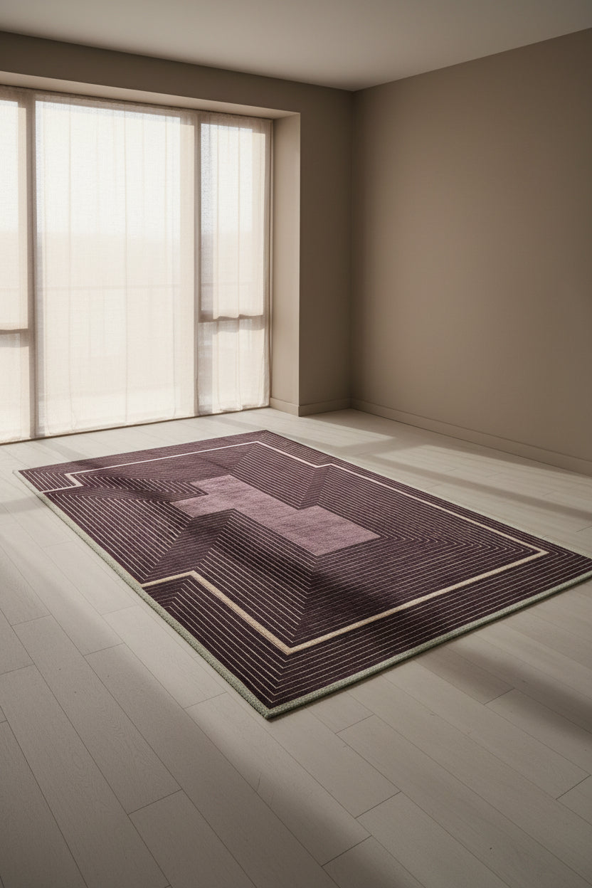 A rectangular area rug with a geometric pattern featuring concentric stepped lines in dark plum purple and cream, with a central raised block in a muted mauve-purple tone.