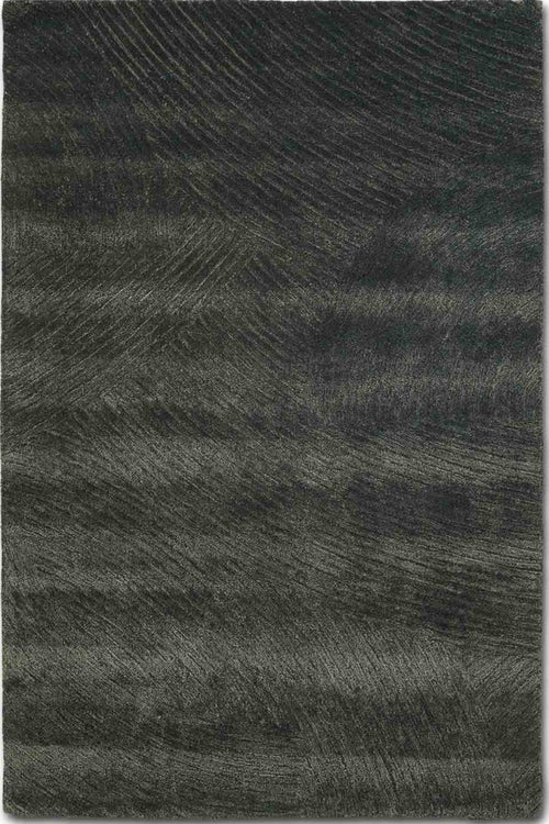 A rectangular area rug with a textured, shaggy surface featuring a dark charcoal gray and black abstract chevron pattern, shown flat against a white background.