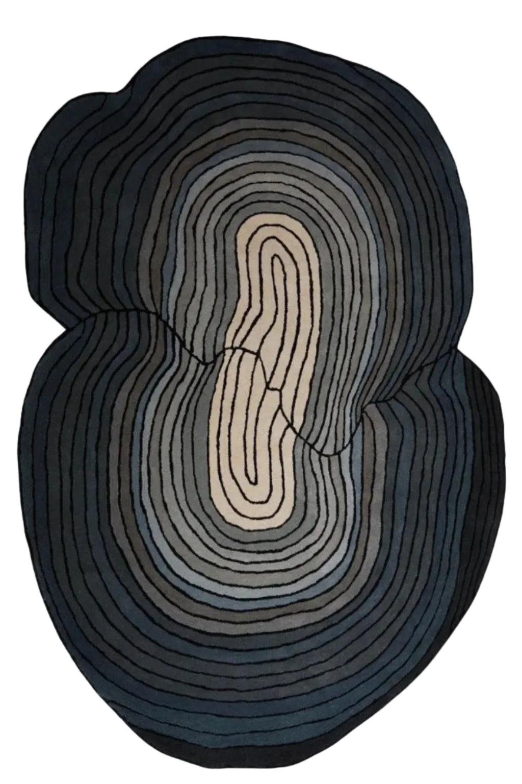 An abstract oval wall art piece with concentric organic lines in black, charcoal, gray, and cream, centered on a light off-white background with a soft drop shadow.
