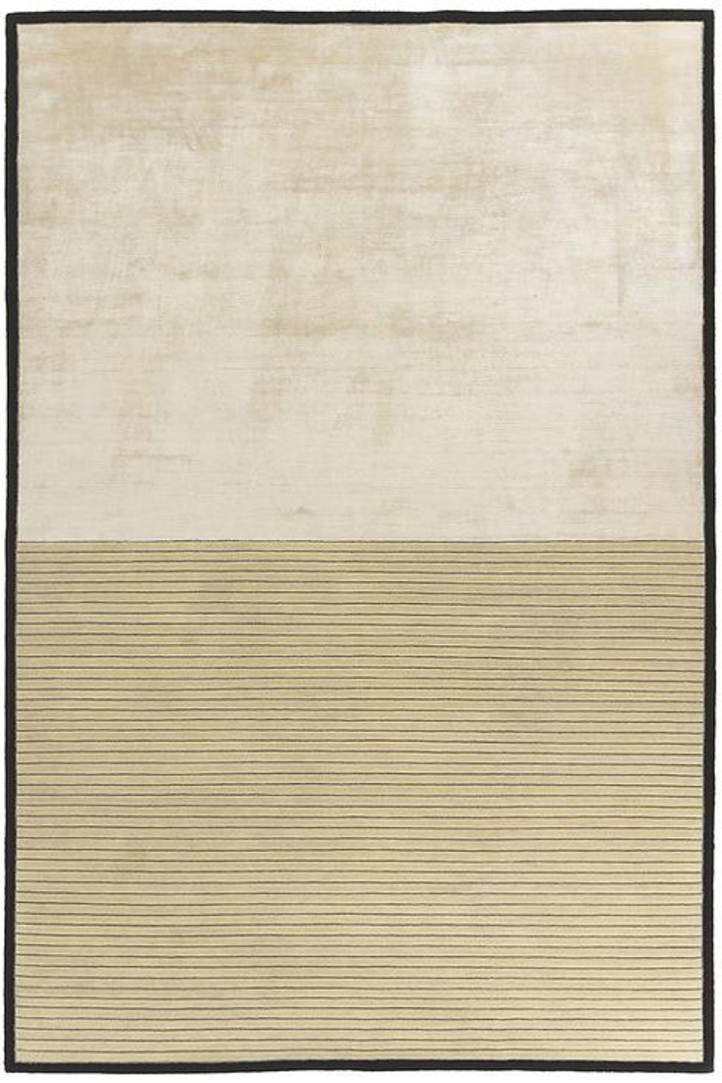 A rectangular area rug with a two-tone design, featuring a large textured cream upper half and a lower half with fine horizontal stripes in beige and cream, finished with a solid black border.
