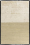 A rectangular area rug with a two-tone design, featuring a large textured cream upper half and a lower half with fine horizontal stripes in beige and cream, finished with a solid black border.