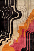 Rug with wavy pattern in black, orange, pink, and beige on a white background