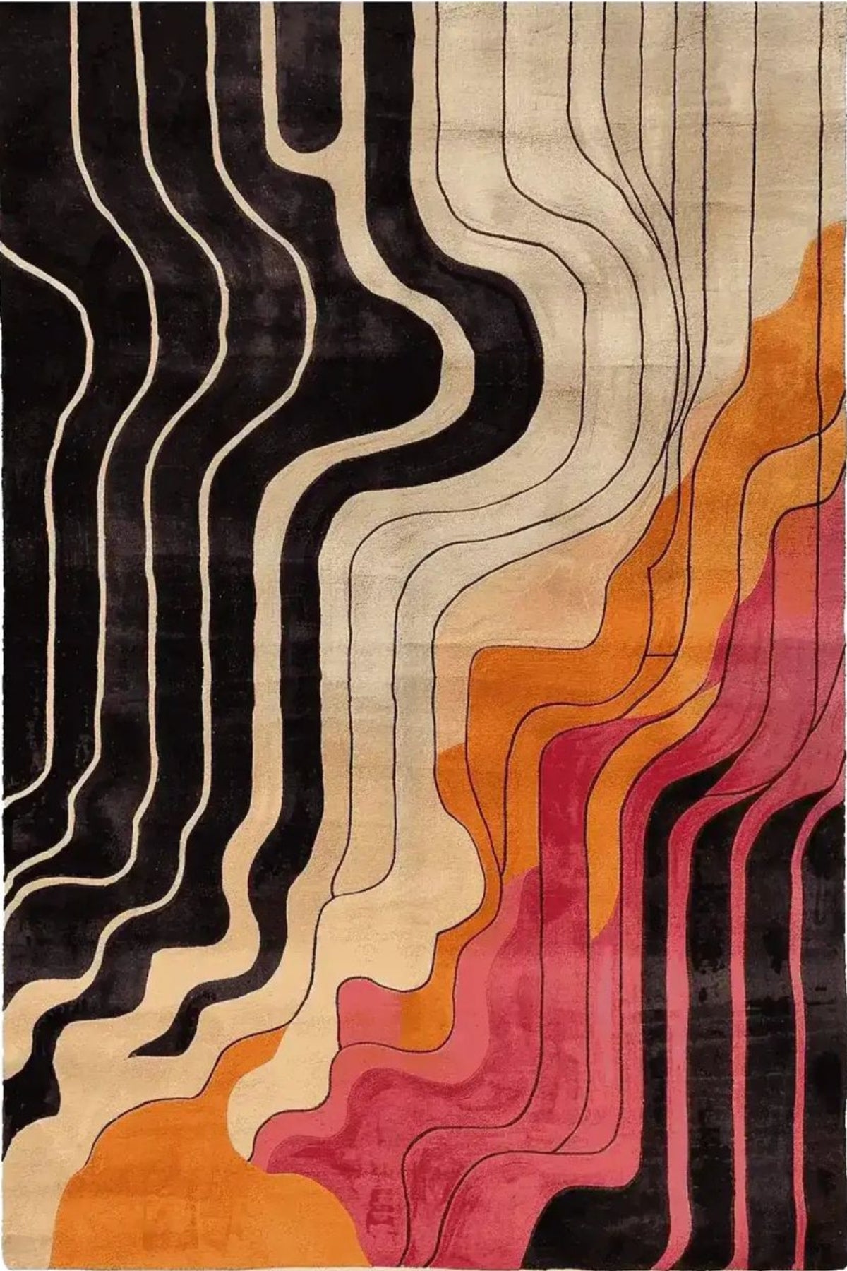 Rug with wavy pattern in black, orange, pink, and beige on a white background