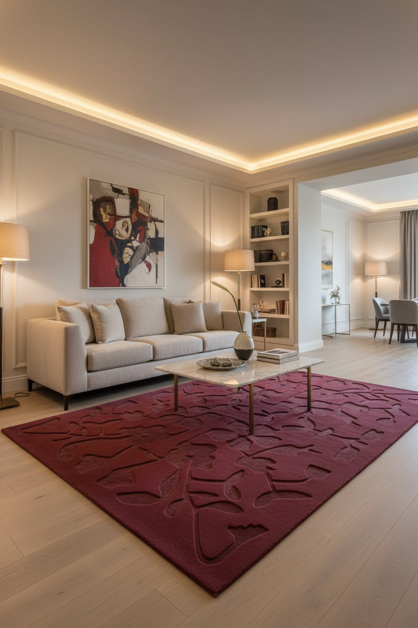 A rectangular area rug in a deep burgundy color, featuring a raised, symmetrical abstract floral or vine pattern across the surface.