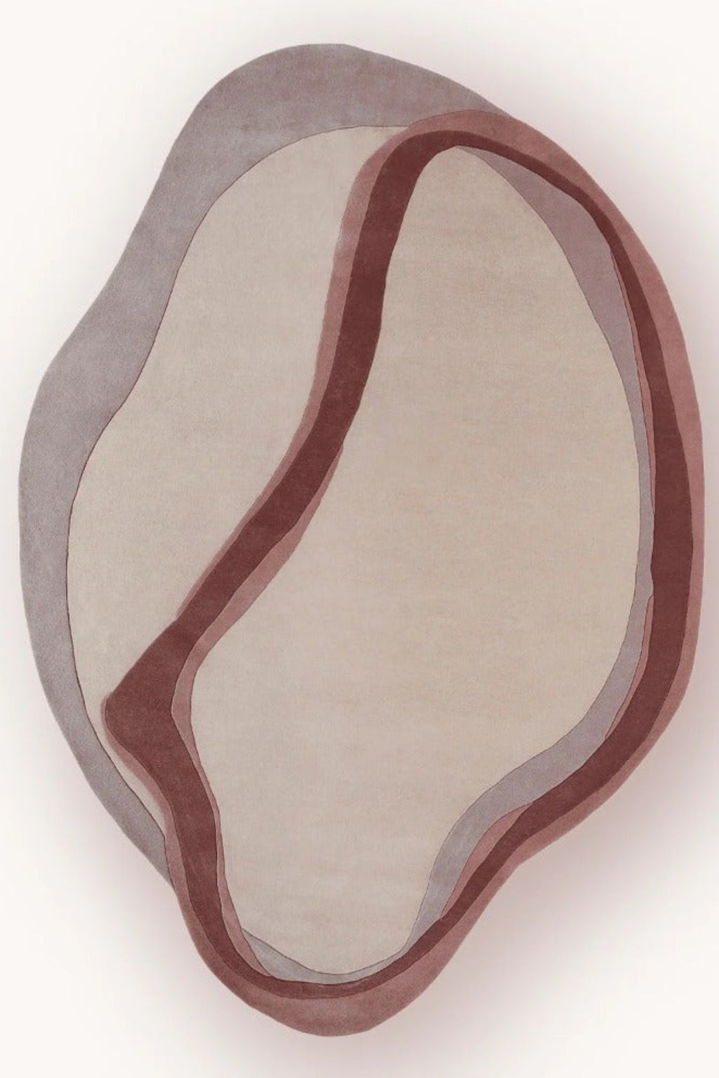 An abstract organic-shaped wall mirror with layered, overlapping glass panes in muted taupe, beige, and dusty rose tones, casting a soft shadow on a clean off-white background.