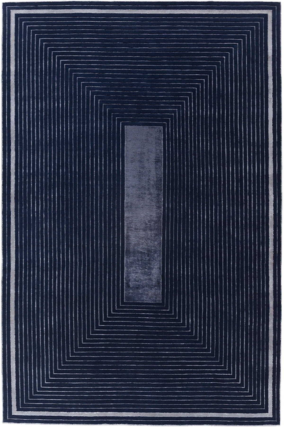 A rectangular area rug with a geometric design featuring concentric rectangular patterns and a central vertical stripe, in shades of navy blue and gray.