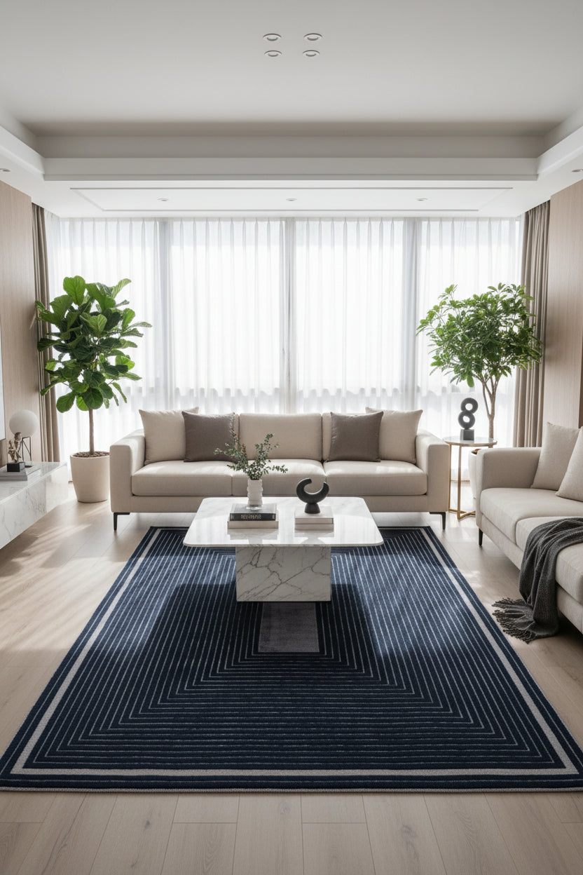 A rectangular area rug with a geometric design featuring concentric rectangular patterns and a central vertical stripe, in shades of navy blue and gray.