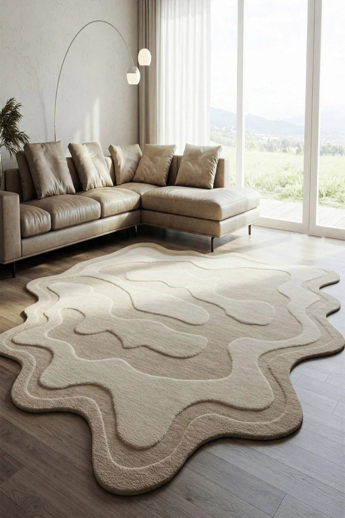 Beige sectional sofa in a modern living room with a large, wavy-patterned rug.