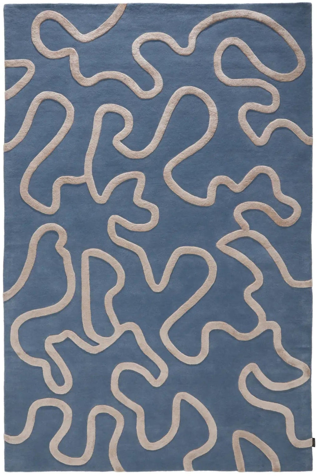 Blue rug with beige abstract patterns on a white background kaleenvibe