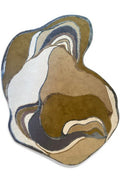 Round area rug with abstract brown, beige, and blue pattern on a white background KALEENVIBE