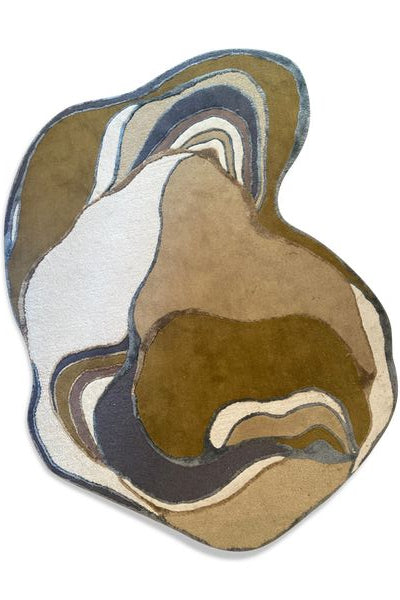 Round area rug with abstract brown, beige, and blue pattern on a white background KALEENVIBE
