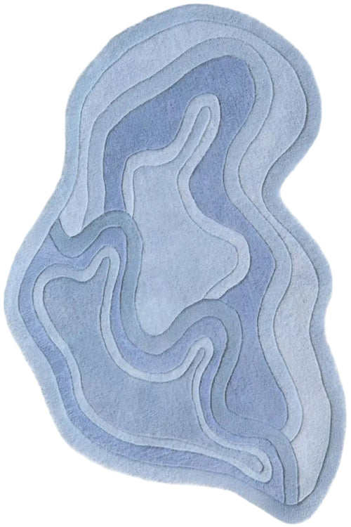 Blue abstract rug with wavy patterns on a light gray background