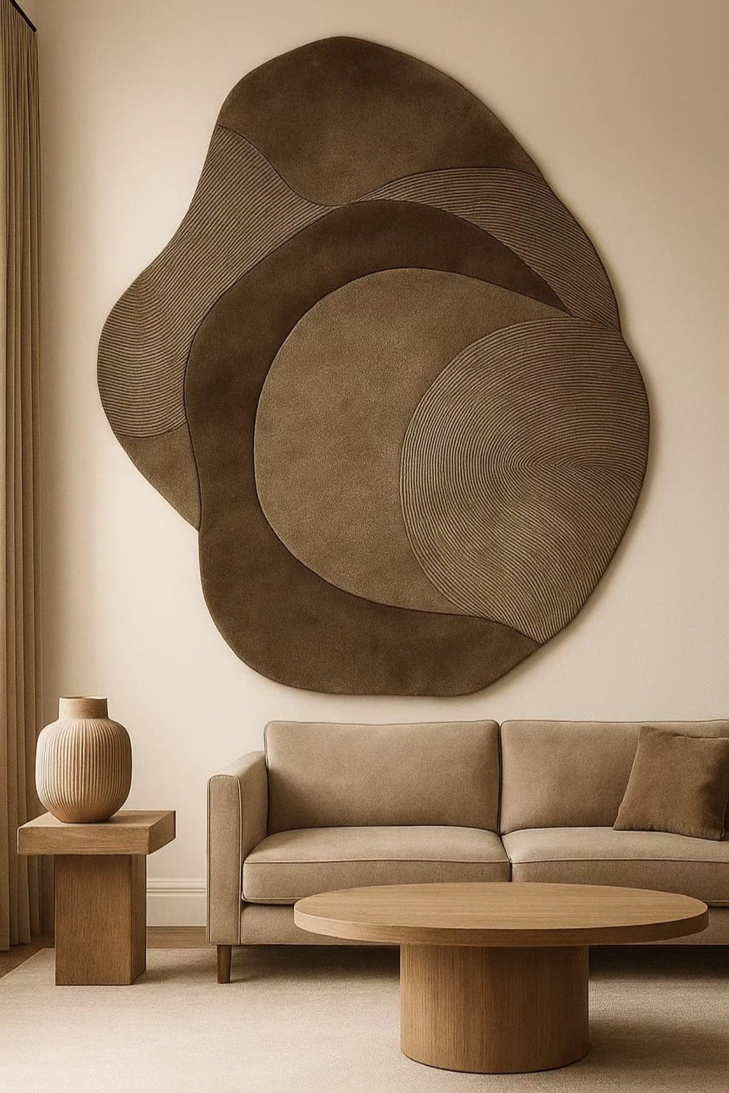 Modern living room with a large abstract wall sculpture, beige sofa, and wooden coffee table.