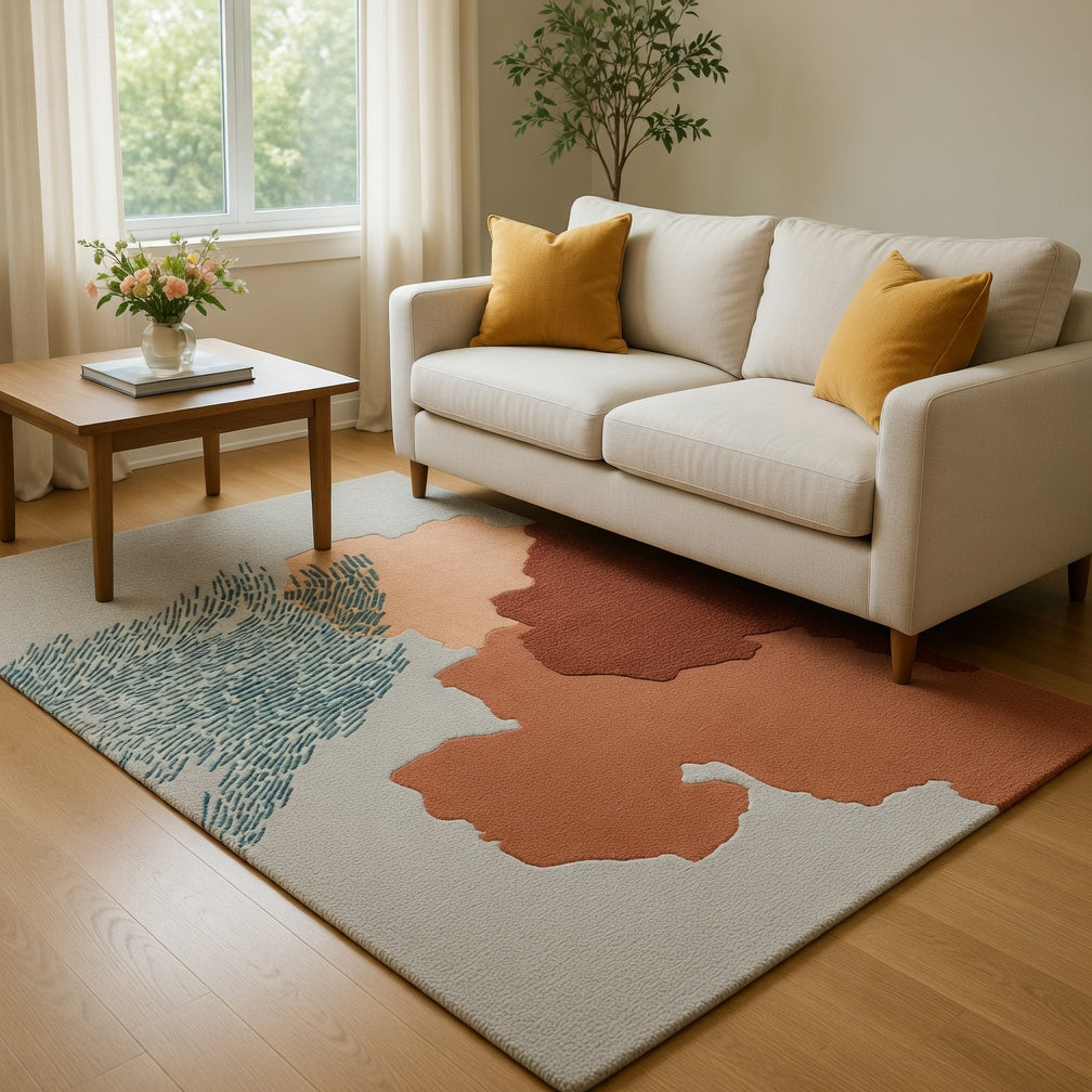 Abstract art piece with brown, beige, and green colors on a gray background