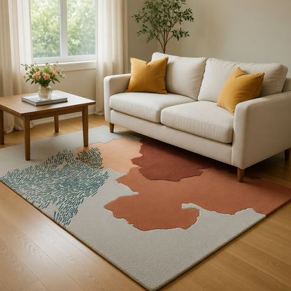 Abstract art piece with brown, beige, and green colors on a gray background