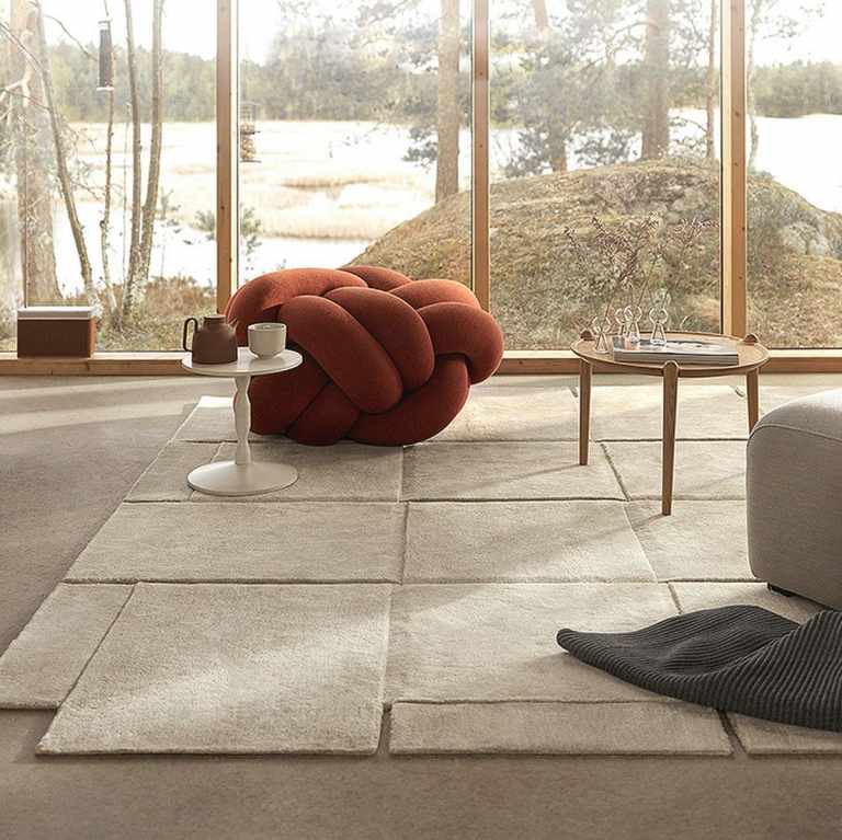 Modern minimalist living room featuring canvas rug asymmetrical area rug