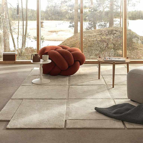 Modern minimalist living room featuring canvas rug asymmetrical area rug
