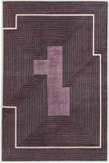 A square area rug with a geometric pattern featuring concentric stepped lines in dark purple and beige, surrounding a central lavender-purple block.
