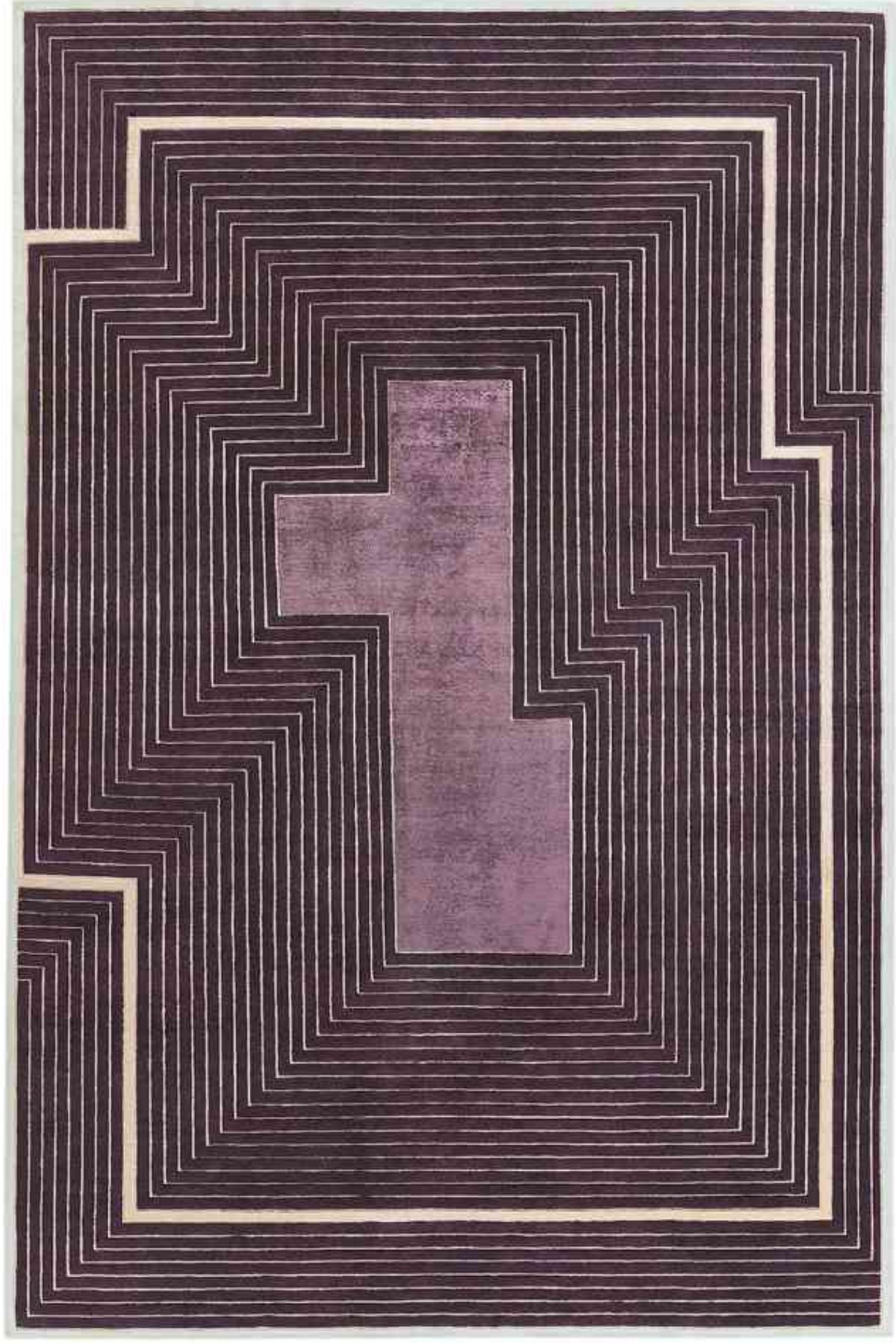 A square area rug with a geometric pattern featuring concentric stepped lines in dark purple and beige, surrounding a central lavender-purple block.