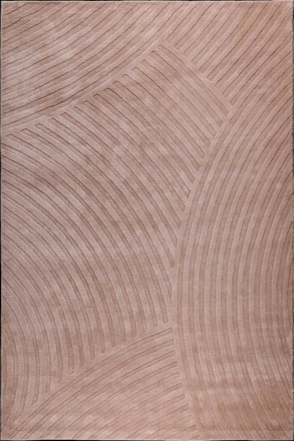 A close-up of a textured rug or fabric in a warm taupe-beige color, featuring a raised geometric pattern of curved lines.