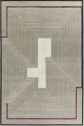 A square area rug with a geometric maze-like pattern of concentric lines in beige, brown, and muted purple on a white background.