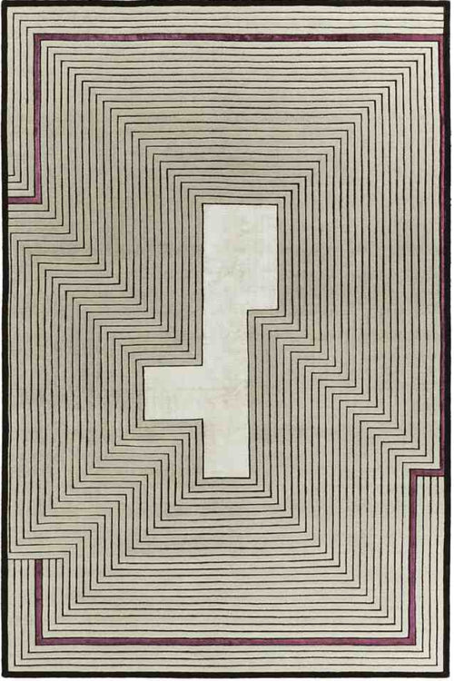 A square area rug with a geometric maze-like pattern of concentric lines in beige, brown, and muted purple on a white background.