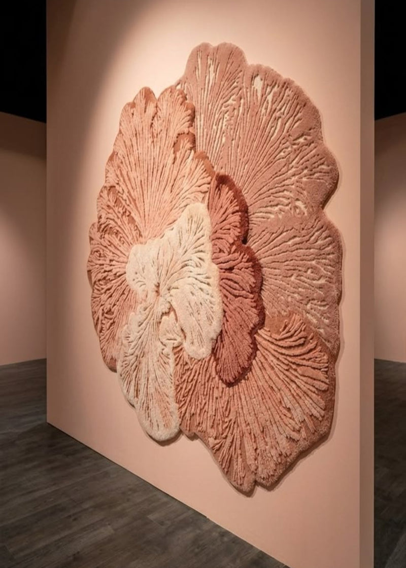 Large sculptural floral wall art in layered dusty pink, terracotta, and off-white tones mounted on a beige gallery wall, with dark wood flooring visible below.