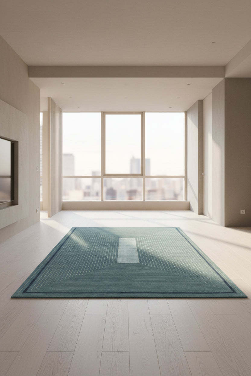 A rectangular area rug with a geometric pattern featuring concentric rectangular lines in shades of slate blue, teal, and navy, with a central vertical panel of a lighter blue-gray.