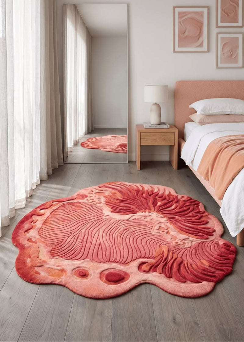 Decorative pink rug on a wooden floor with a bed and mirror in the background.