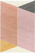 Geometric patterned rug with pink, black, and gold colors on a white background | kaleenvibe