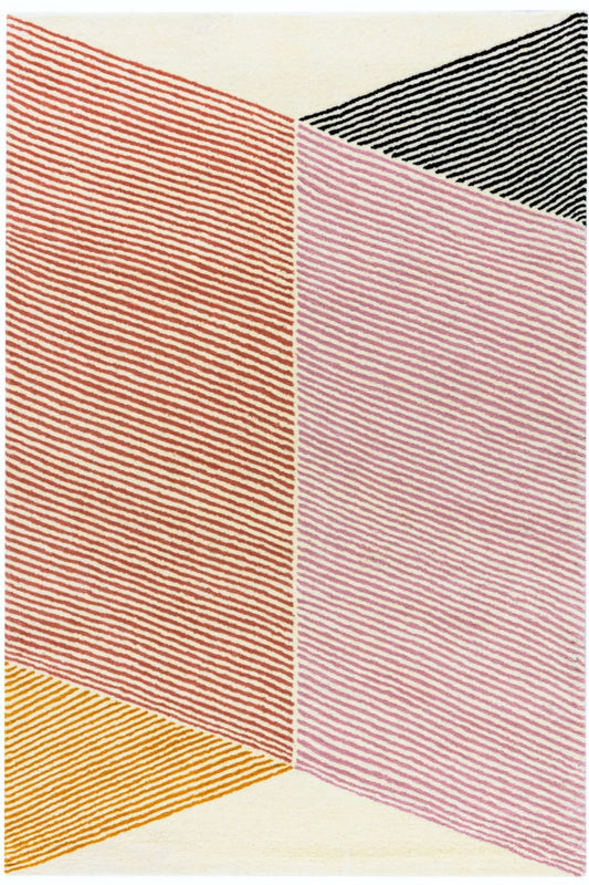 Geometric patterned rug with pink, black, and gold colors on a white background | kaleenvibe