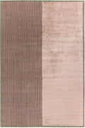 A rectangular area rug with a minimalist design, featuring a vertical split into a left panel of thin dark brown stripes on a dusty rose background and a right panel of solid dusty rose. A thin dark green border frames the rug.
