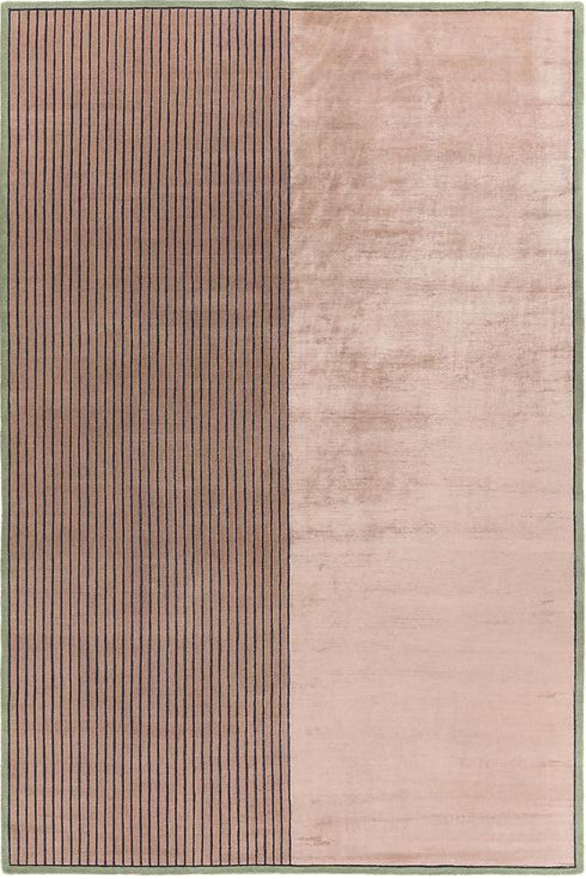 A rectangular area rug with a minimalist design, featuring a vertical split into a left panel of thin dark brown stripes on a dusty rose background and a right panel of solid dusty rose. A thin dark green border frames the rug.