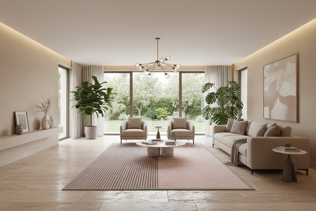 A rectangular area rug with a minimalist design, featuring a vertical split into a left panel of thin dark brown stripes on a dusty rose background and a right panel of solid dusty rose. A thin dark green border frames the rug.