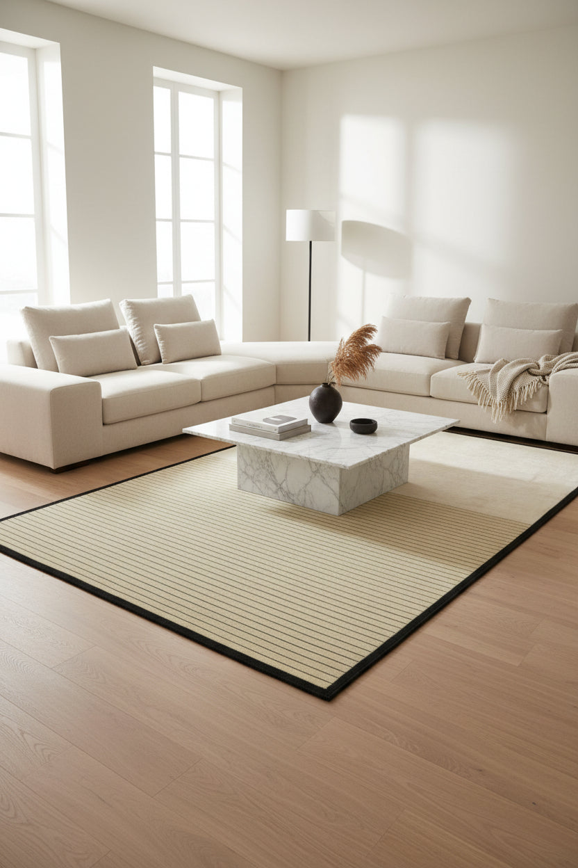 A rectangular area rug with a two-tone design, featuring a large textured cream upper half and a lower half with fine horizontal stripes in beige and cream, finished with a solid black border.