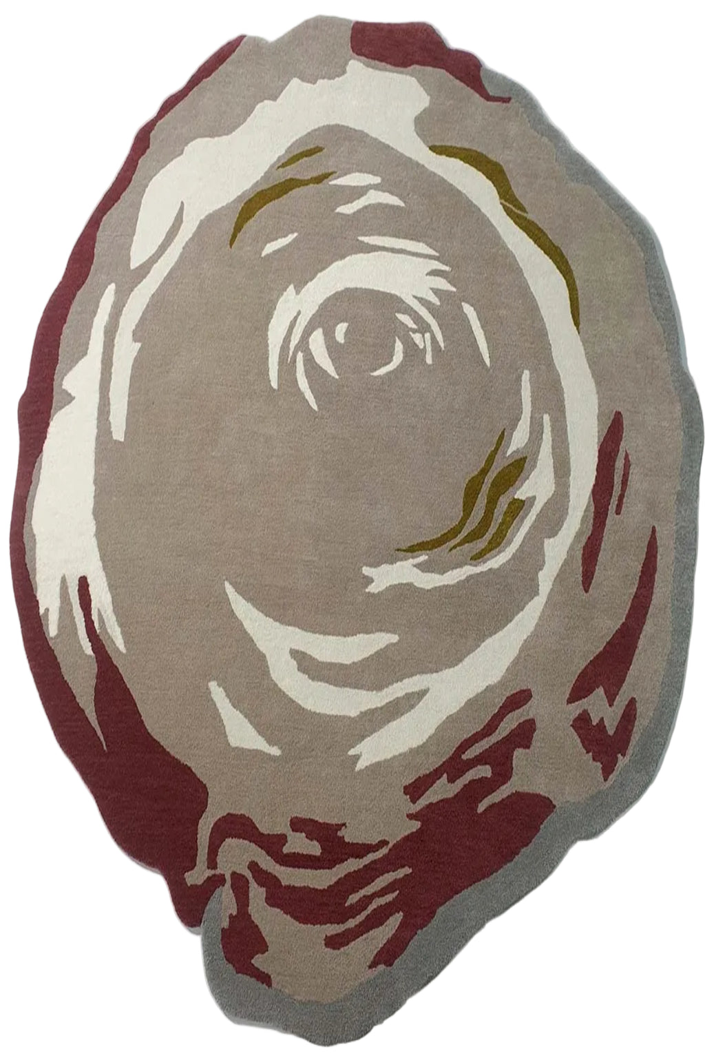 Round rug with a central eye design in brown, beige, and red on a white background