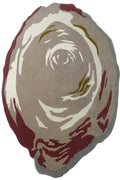 Round rug with a central eye design in brown, beige, and red on a white background