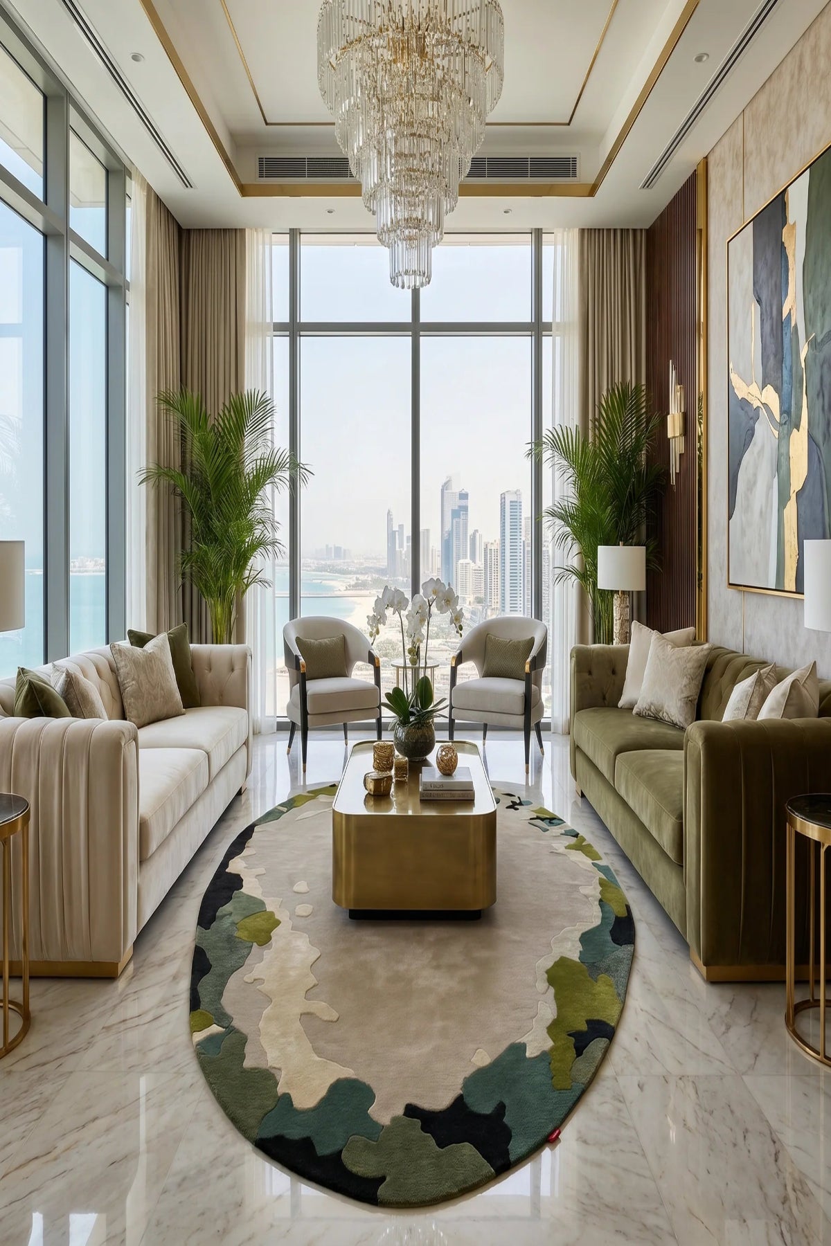 Luxurious living room with modern decor, large windows, and a chandelier.