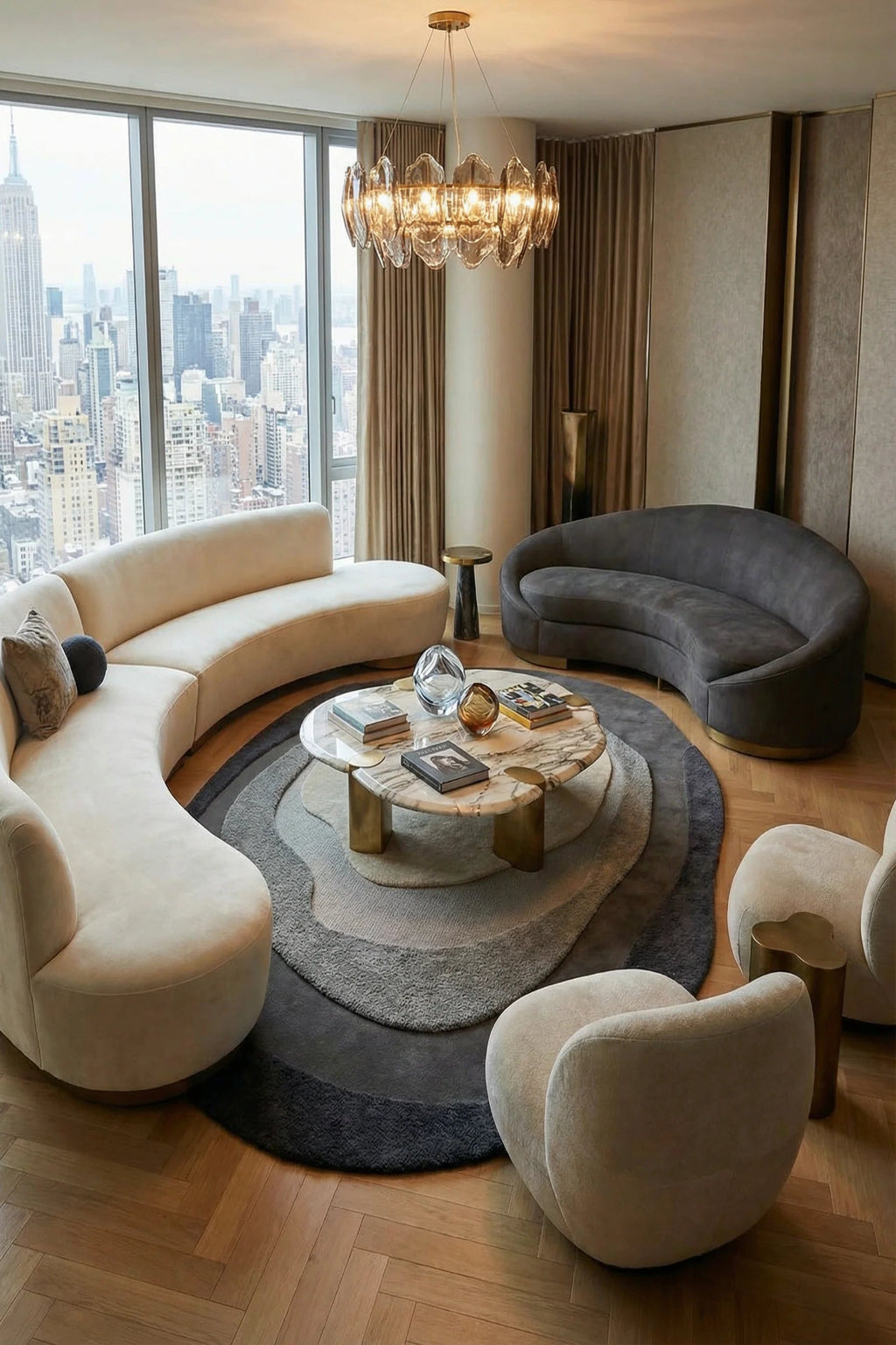 Modern living room with curved beige sofa, gray armchair, and round coffee table in front of large windows with cityscape view. 