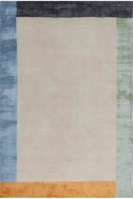 Rectangular rug with a gradient design transitioning from blue to beige to green on a white |  background | kaleenvibe
