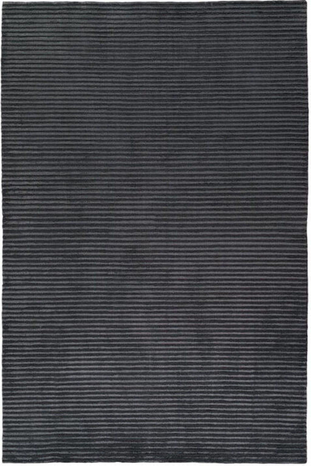 A dark charcoal gray area rug with a textured, horizontally ribbed pattern filling the entire frame.