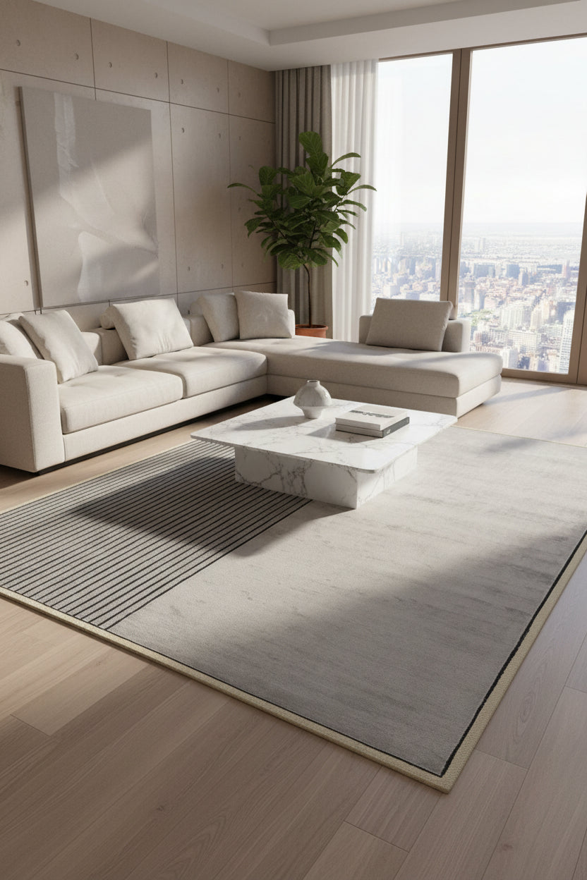 A rectangular area rug with a modern minimalist design, featuring a vertical split with a left panel of thin dark vertical stripes on a light gray background and a right panel of mottled light gray texture.